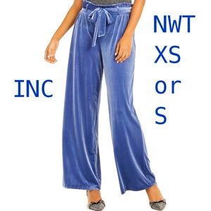 NWT XS or S inkberry blue velvet paper bag high elastic waist wide leg pants